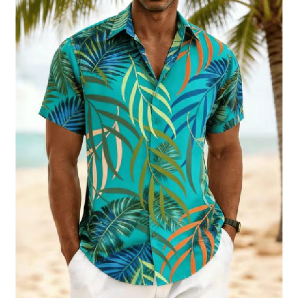 Men's short-sleeved shirt, spring and summer Hawaiian vacation-style loose-fitting casual shirt