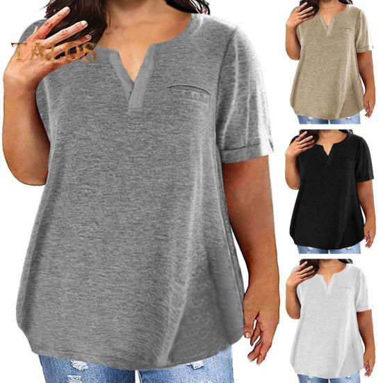 Tricou pentru femei, cu decolteu în V, cu mâneci scurte, cu buzunare la piept, de culoare uni, ocazional, tricou lejer, îmbrăcat zilnic