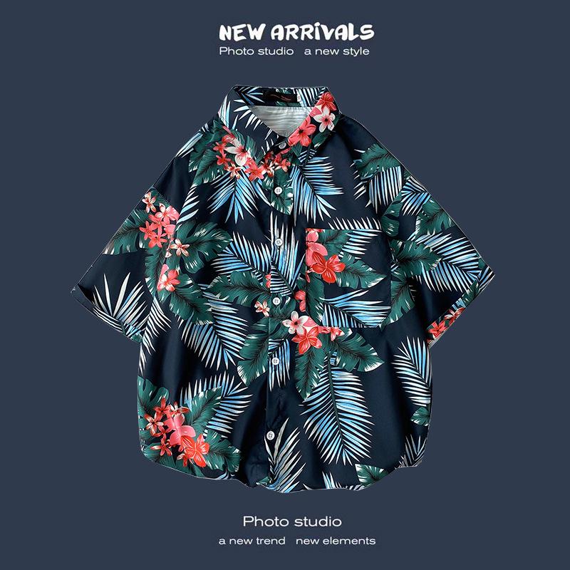 Letnia Koreańska Retro Kwiatowa Para Luźna Koszula z Krótkim Rękawem - Męski Modny Styl