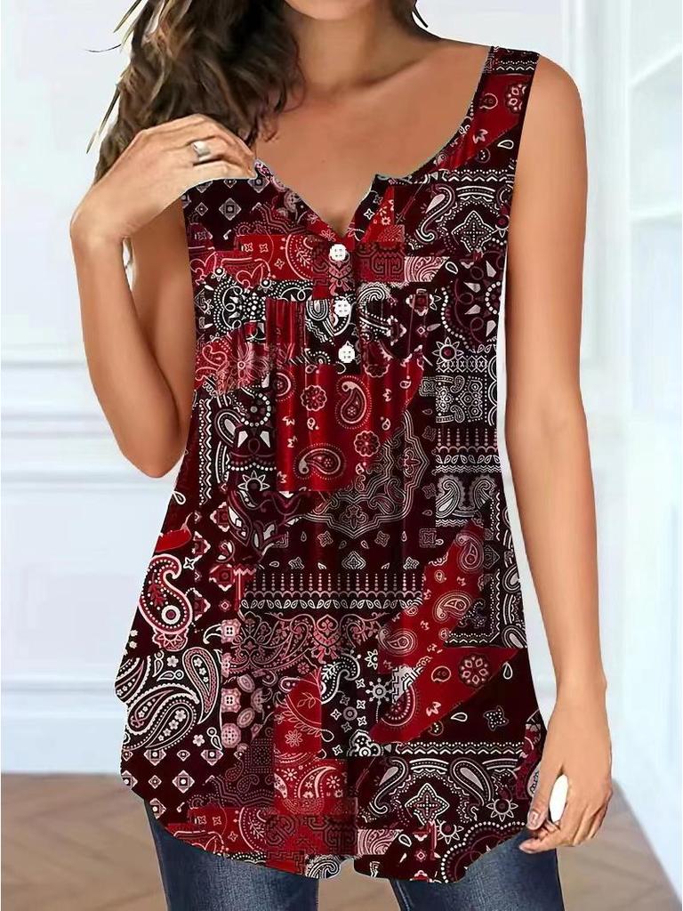 Plus Size Spring/Summer Paisley V-Neck Button-Down Loose Top for Women