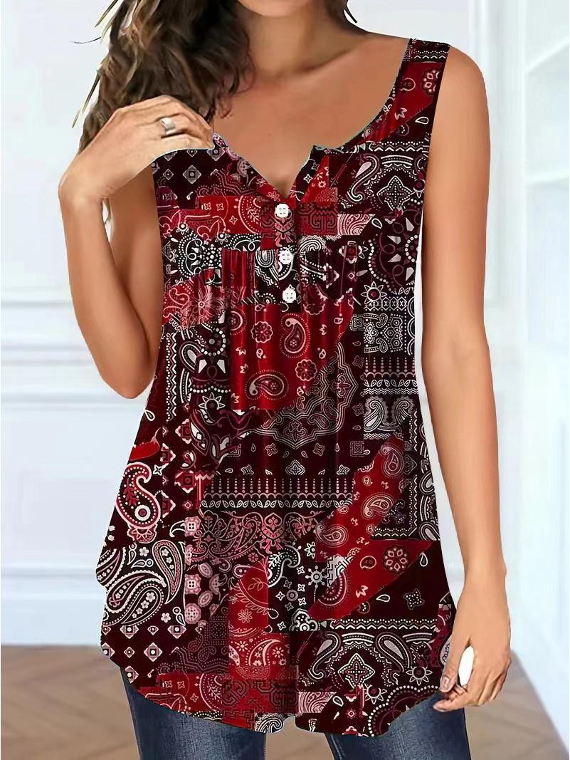 

Plus Size Spring/Summer Paisley V-Neck Button-Down Loose Top for Women 4XL вина червоного кольору