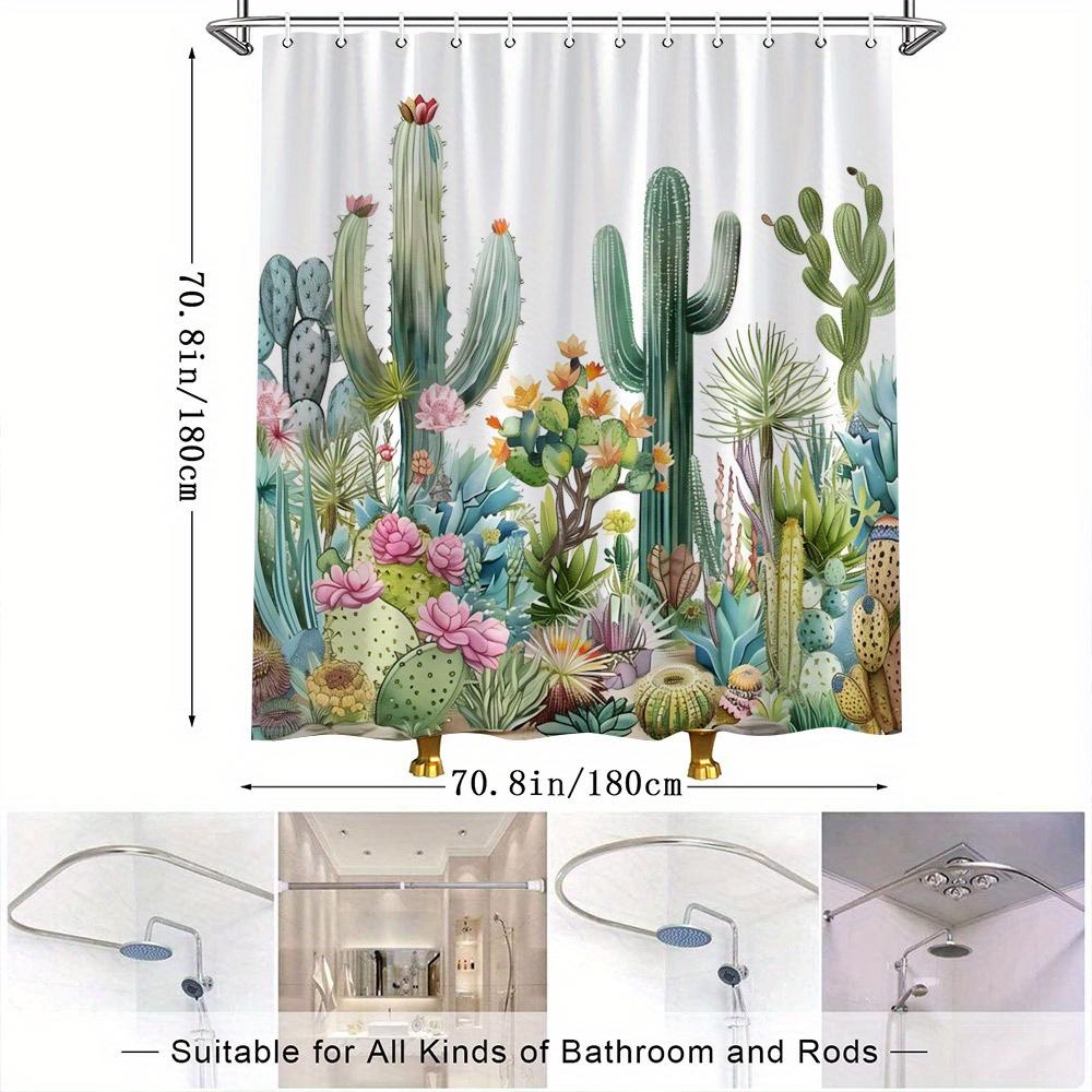 Desert Garden Shower Curtain - Succulents, Cacti, Pink Flowers, Polyester, 12 Hooks, Nature-Inspired Design