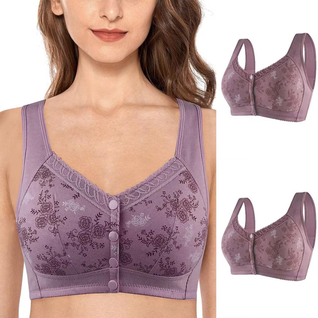 Women's Middle-aged And Elderly Large Size No Steel Ring Front Buckle Wide Shoulder Strap Soft Cotton Cup Bra