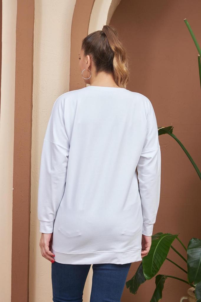 Damen Stil Übergröße Sweatshirt Stein Detailliert Schlitz Übergröße Schwarzes Sweatshirt