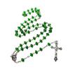 Christian Green Stone Rosary Necklace with Beads Cross Pendant Church Jewelry Sweater Chain Accessory