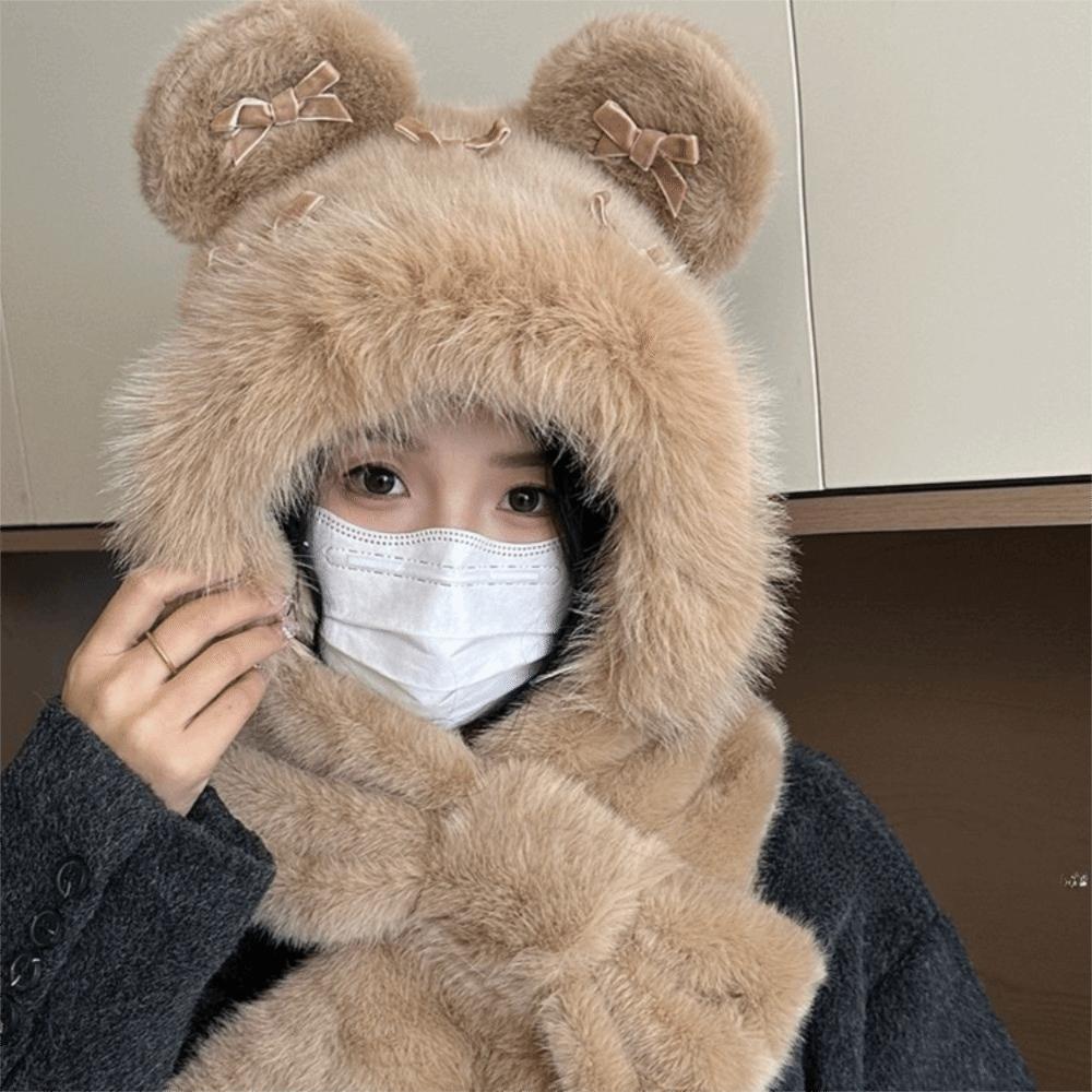 Fluffy Bow Ear Protection Hat Thickened Lei Feng Cap Personality Beanies Cap  Winter/Autumn