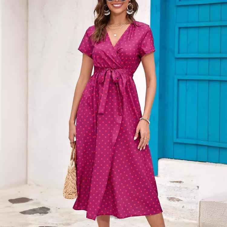 Women Summer High Waist A Line Dress Ethnic Printed Short Sleeve Lace Up