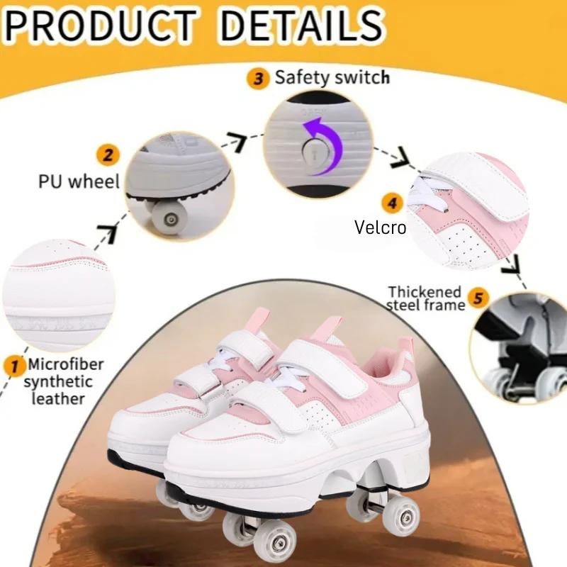 2 In 1 Removable Pulley Skate Skating Parkour 2025 New Pulley Shoes with 4 Wheels Racing Roller Skate Shoes for Kids Sneaker