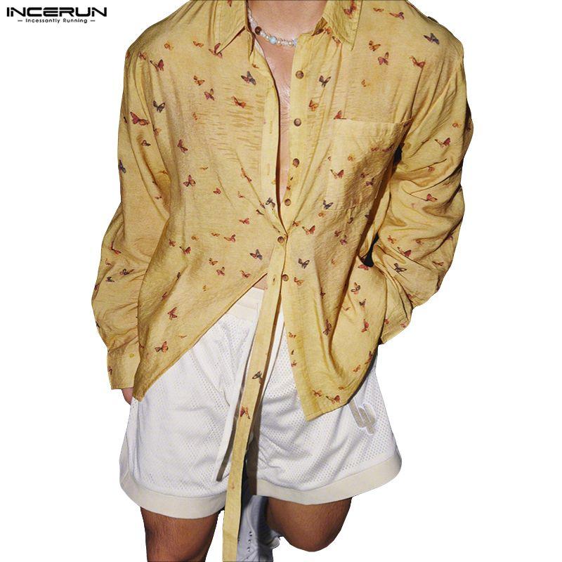 INCERUN Oversized Men Lapel Neck Long Sleeve Floral Print Buttons Casual Loose Shirts