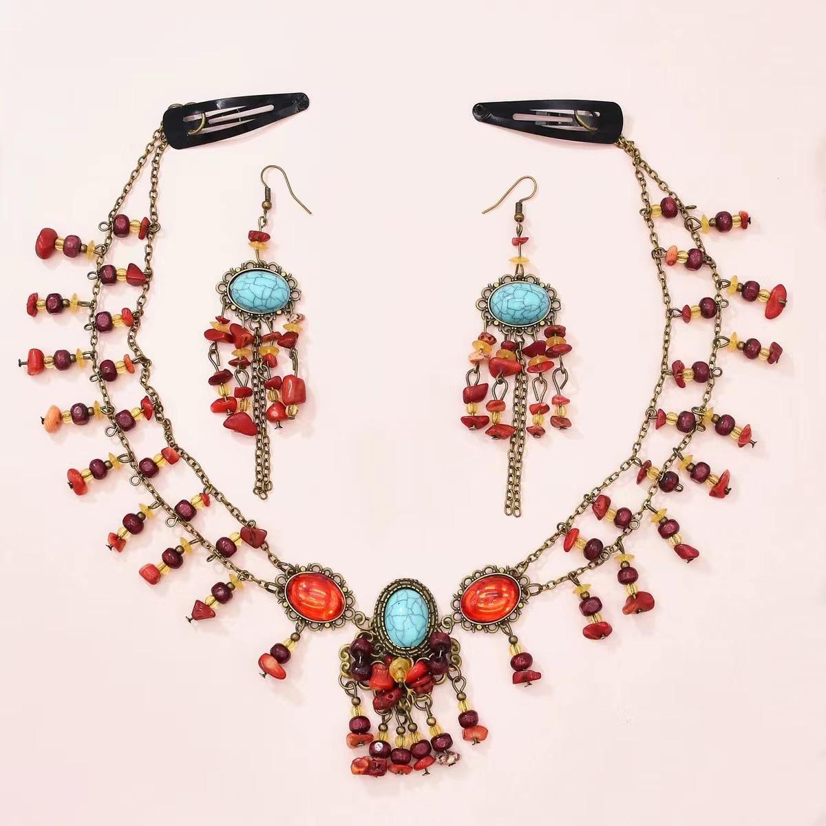 

Turquoise Tassel Headpiece & Earrings Set - Ancient Style Forehead Ornament for Women