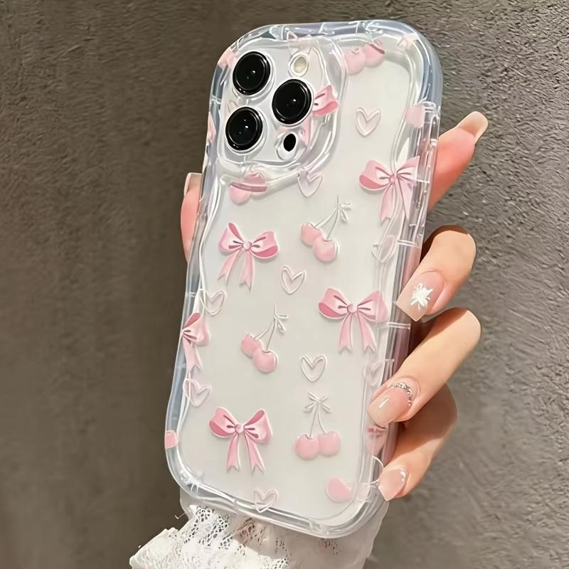 Pink Cherry Bowknot Pattern Wavy-edge Phone Case For iPhone 17 Pro Max 16 15 14 Plus 13 12 11 Pro Max 16e 17e Transparent Cover
