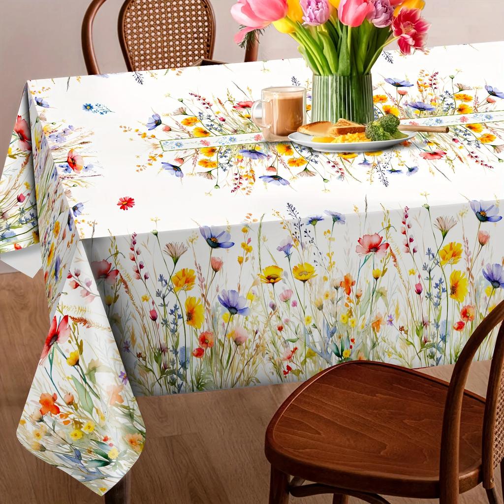 Rectangular Spring Watercolor Floral Tablecloth Machine Polyester Table Cover with Vibrant Flowers,Fits Standard Dining