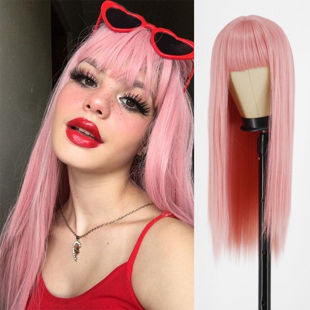 MERISIHAIR Long Straight Black Wig with Bangs Synthetic Hair Wigs Bang with Wig for Women Wine Red Gold Heat Resistant Wigs