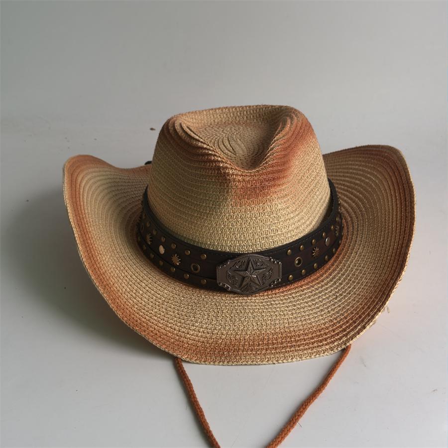 Western Cowboy Straw Hat For Men Women Vintage Outlaw Cowgirl Sun Sombrero Hat With Metal Star Emblem Band Beach Summer Caps