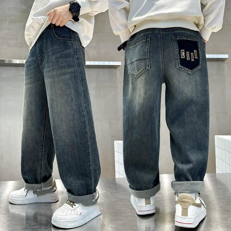 Boys Warm Plush Jeans Autumn Winter Straight Loose Fit Casual Trousers Kids Fashion Streetwear Denim Pants 5-14 Years