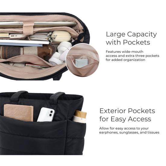 Puffer-Tragetasche Damen Umhängetasche mit Flaschenfächern Reise-Handtasche Gepolsterte Tragetasche für 15,6 Zoll Laptop Arbeit Fitnessstudio Pendeln