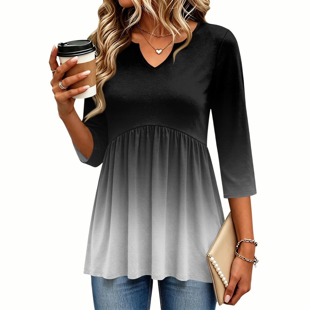 Women's V-Neck Blouse with Three-Quarter Sleeves and Print for Casual Wear