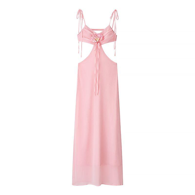 

Summer New Product Women s Clothes Seaside Vacation Style Three-Dimensional Flower Decoration Sexy Waist Hollow-out Chiffon Sling Dress Pink L