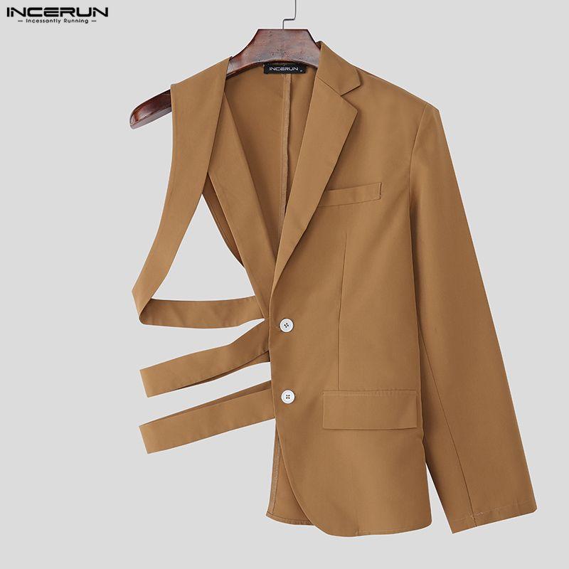 INCERUN Men One Shoulder Long Sleeve Cutout Bandage Irregular Thin Blazer Coats