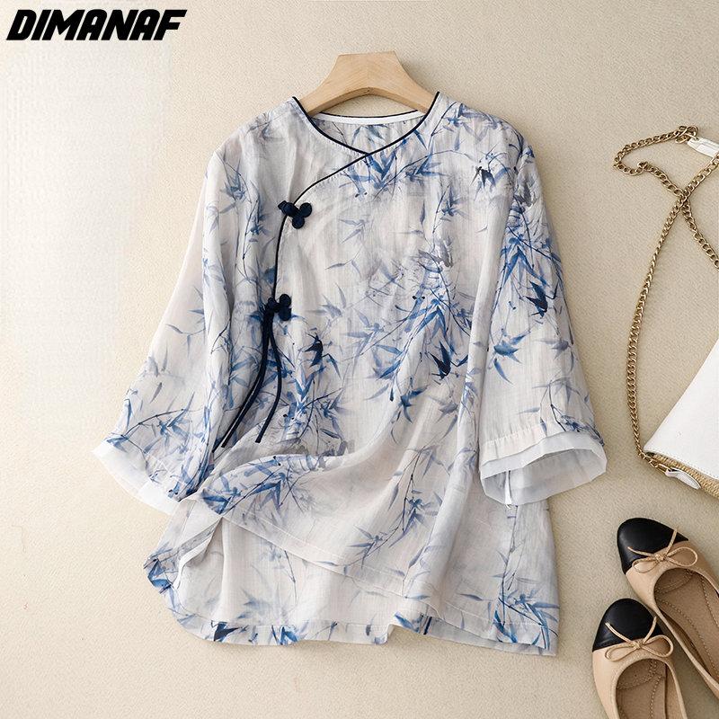 

DIMANAF 2023 Большие размеры, женская летняя блузка, рубашка с цветочным принтом, элегантные тонкие женские топы с v-образным вырезом, льняные винтажные