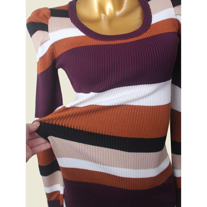 French Style Puff Sleeves Contrast Color U Collar Base Dress Foreign Trade Original Order Slim Fit Slimming Long Sleeves Bodycon Dress
