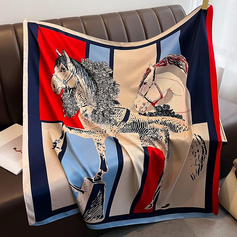 90×90Cm Women Twill Imitation Silk Printed Horse Pattern Retro Large Square Scarf Multifunctional Scarf