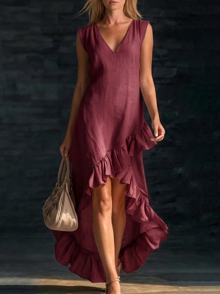 2026 Nouvelle Mode Romantique Sans Manches Col en V Ourlet à Volants Lin Longue Robe pour Vacances d'Été