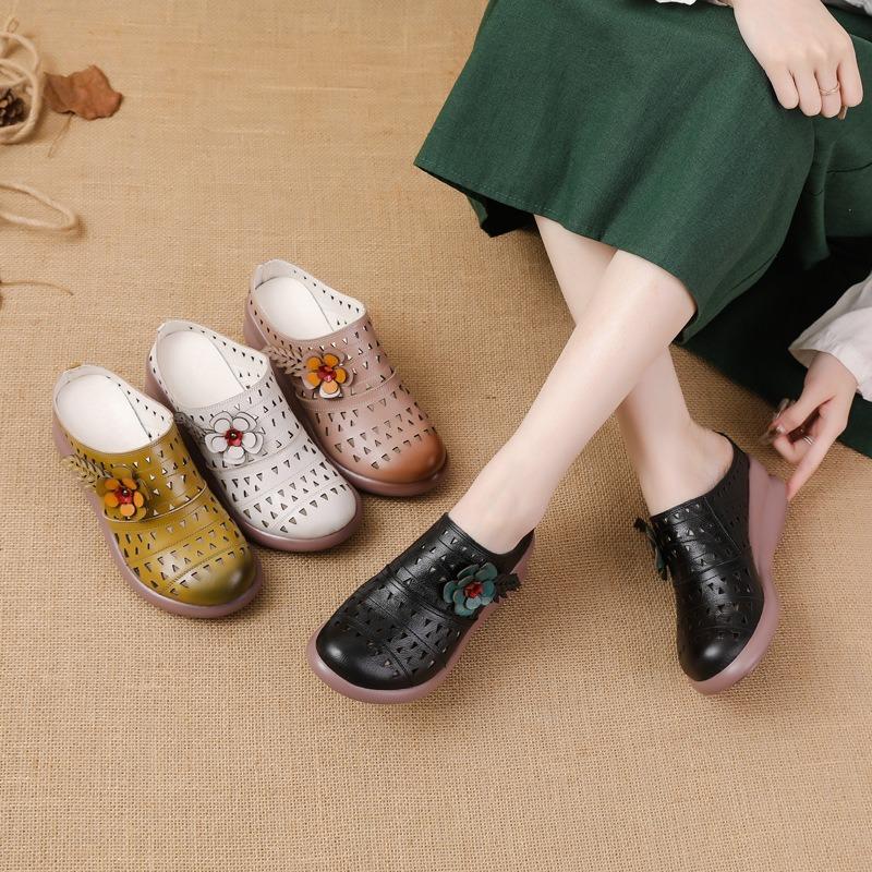 New muffin sole casual women's shoes leather flower hollow women's slippers breathable comfortable hole shoes
