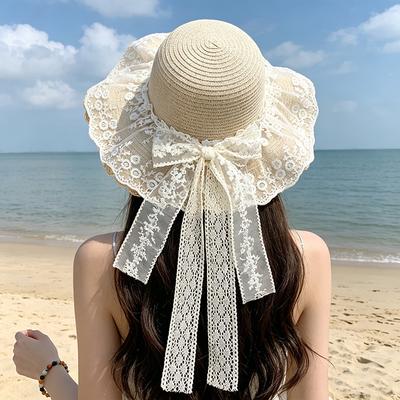 Damenstrohhut: Sommer-Spitzen-Schleifen-Sonnenhut für Strandausflüge und Ausflüge – Vielseitig und Trendig