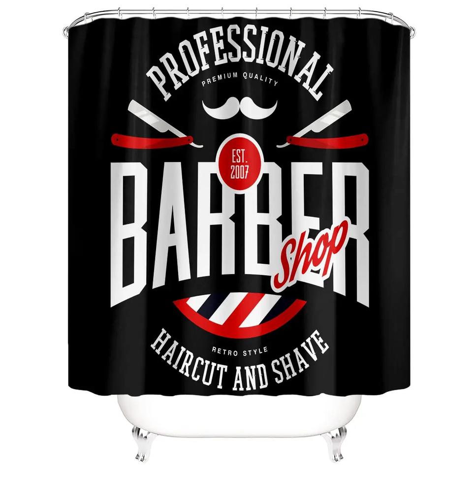 Barbershop Fabric Shower Curtain Set Barber With Tartan Vintage Badge Beard Cut Gentleman Graphic Grooming Screen Bathroom Decor