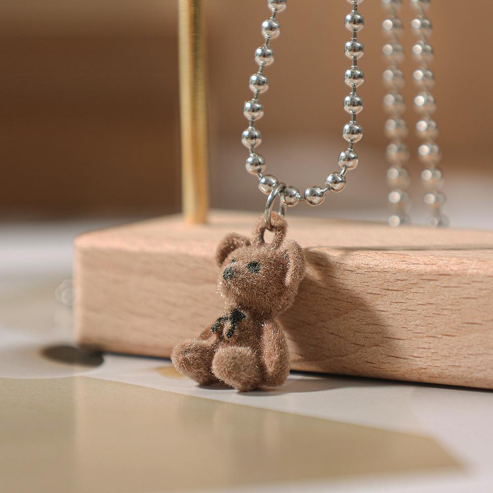 

3D Flocking Bears Stud Earrings Necklaces Set Brown Khaki Bear Pendant Necklace Women Girls Ear Studs Earring Jewelry Gifts