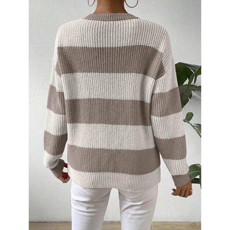 Women's Contrasting Striped Round Neck Pullover Knitted Sweater