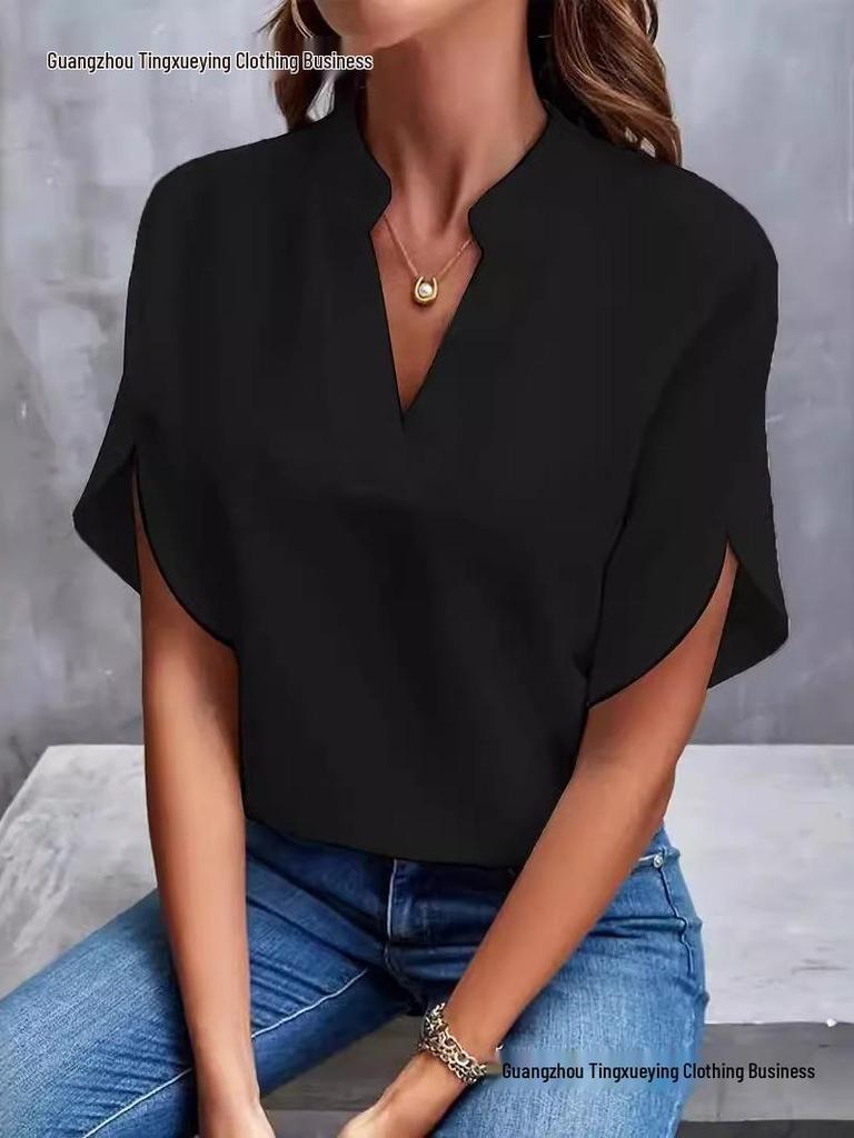 Women's Summer 2026 Solid Color V-neck Loose Shirt Top