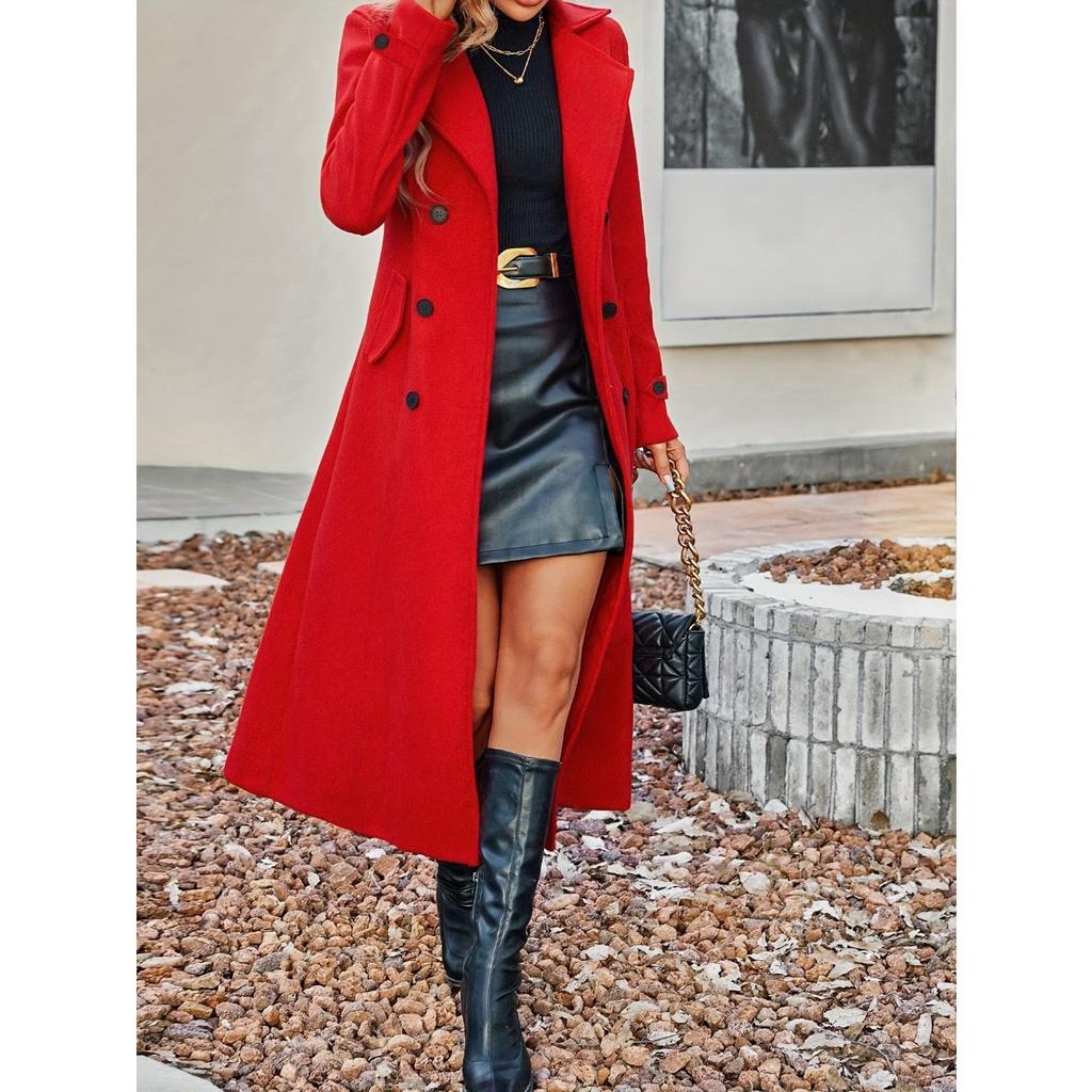 Fall Winter New Double Breasted Belted Wool Coat For Women, European American Style Wool Blend Overcoat For Crossborder