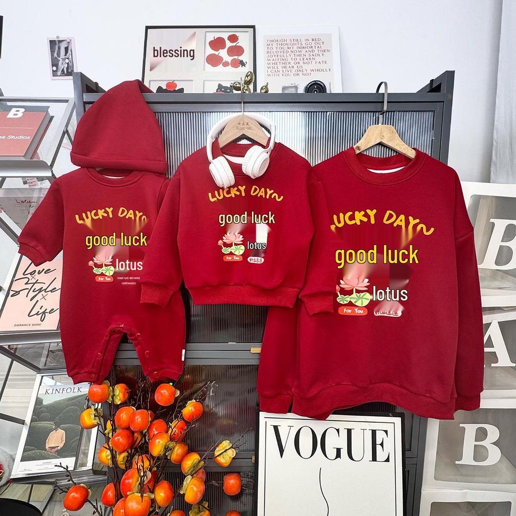 New Year Parent-Child Red Sweatshirt: Stylish Autumn/Winter Fashion for Mother-Daughter & Mother-Son