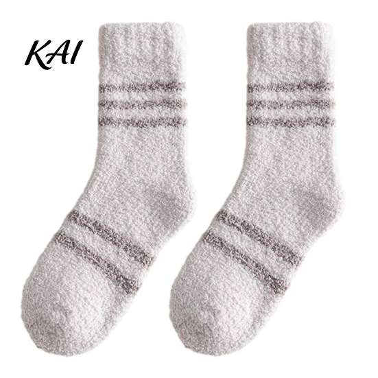 Thickened Thermal Floor Socks Coral Fleece for Men, Striped Mid-calf Socks, Soft Cold Weather Comfort Fuzzy Crew Winter, Warm Home Breathable Velvet