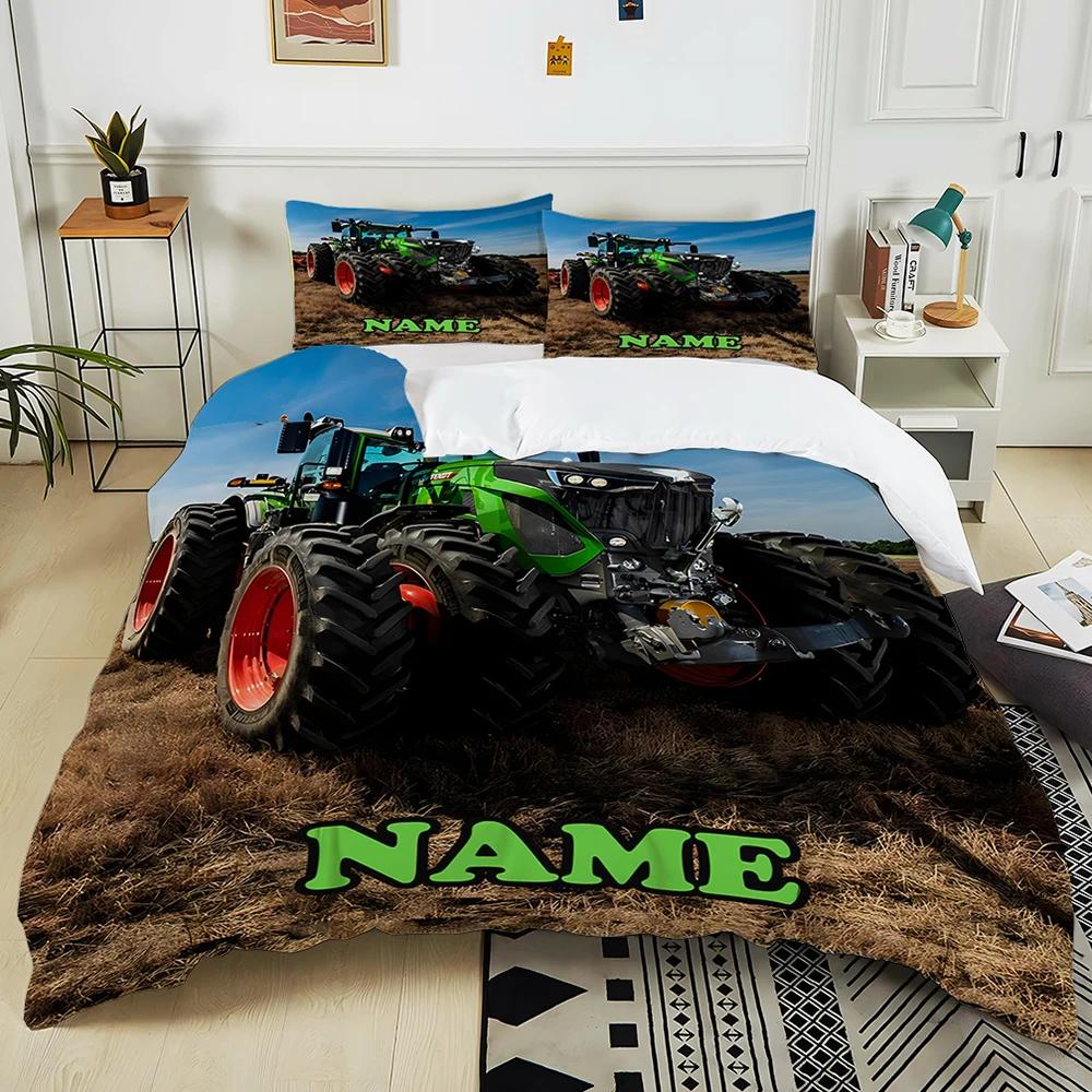 New! Personalized Custom Name Retro Tractor Pattern Printed Bed 3-piece Set Children Adult Soft Bedding Christmas Halloween Gift