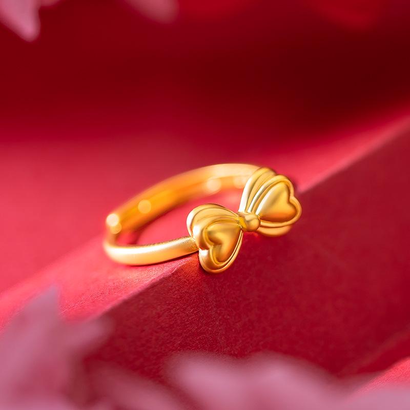 Gold-Plated Princess Bow Adjustable Ring with Diamonds - Sweet Open Design for Women