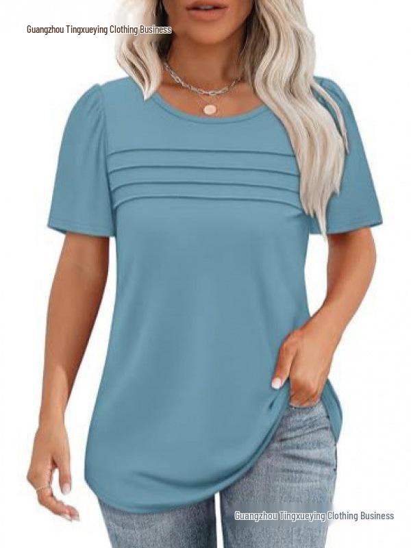 Women's Casual Pleated Loose T-shirt, Round Neck, Short Sleeve, Summer 2026 Collection