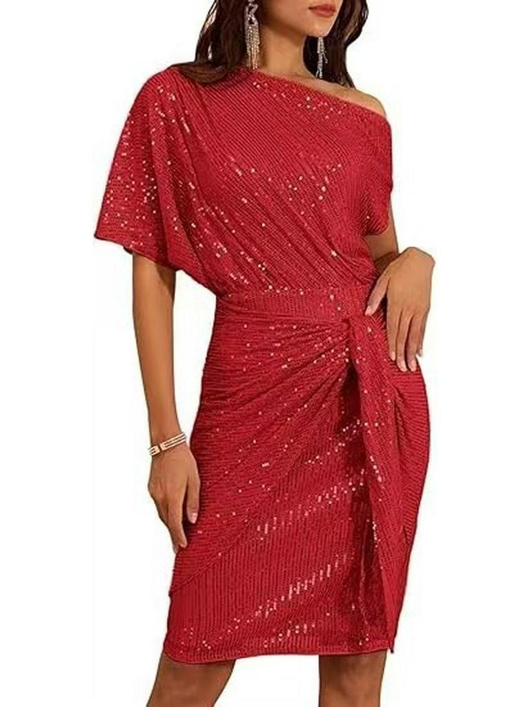 Cross-Border Glitter One-Shoulder Ruffled Party Dress for Women