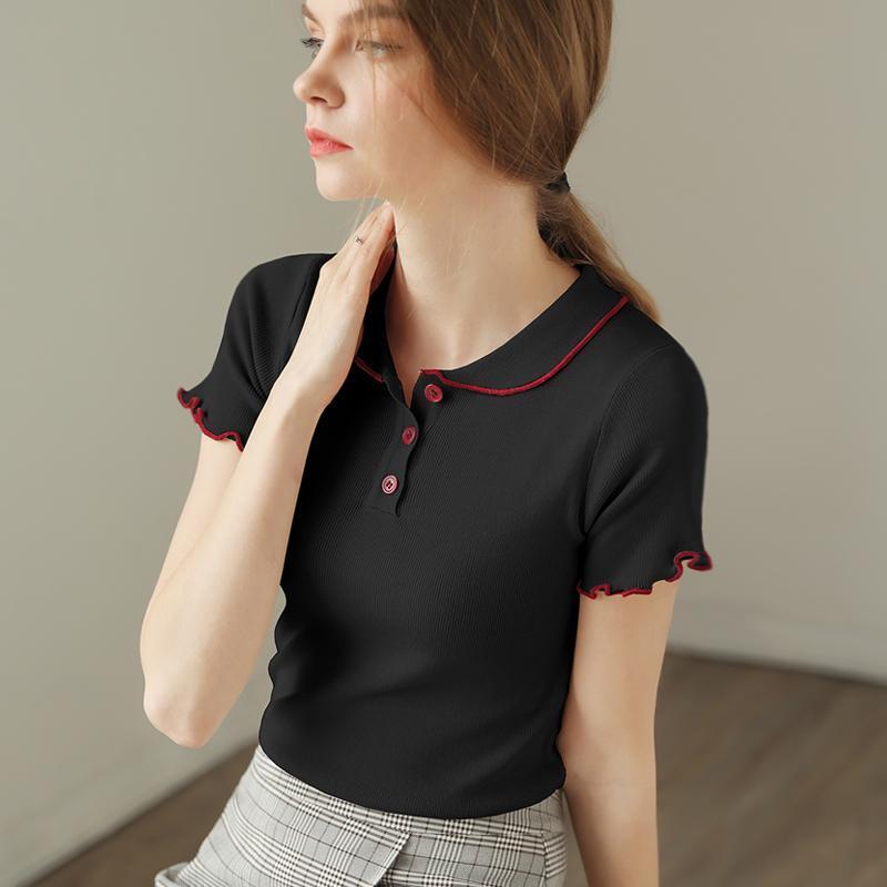Tricou simplu cu guler polo, mânecă scurtă, culoare contrastantă, croială slim fit, tricotat din mătase de gheață, top nou cu guler pătrat pentru femei, vară