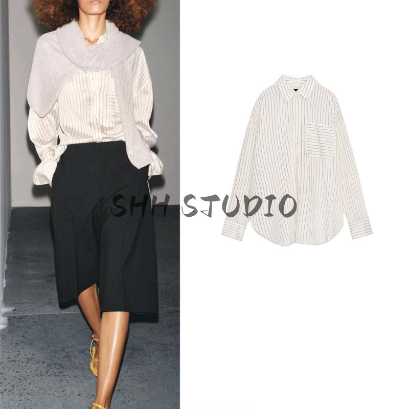 Autumn New Women Clothes French Style Minimalist Style Lapel Long Sleeve Single-Breasted Stripe Shirts Top 9479077