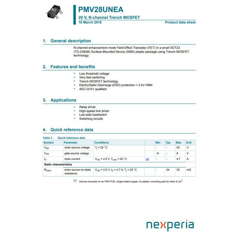 New Original PMV28UNEAR SOT-23 N-channel MOSFET