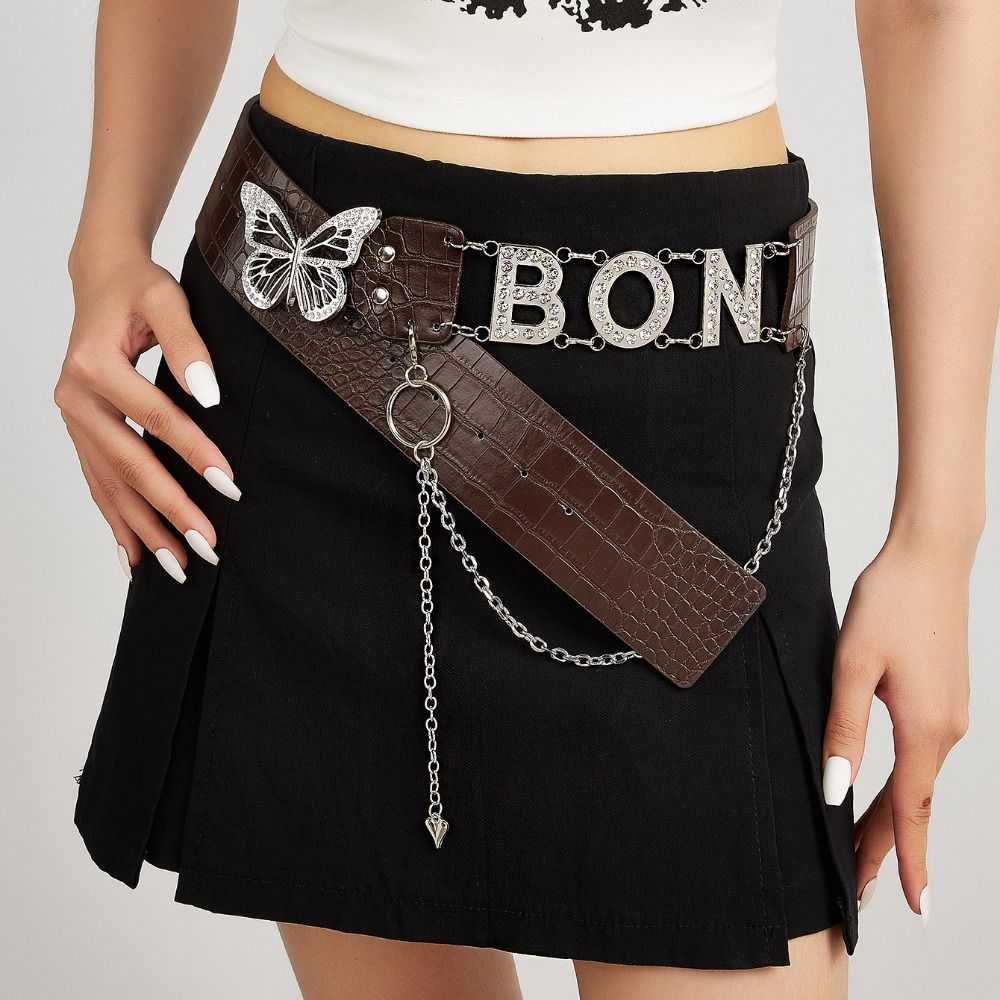 Spice Girl Rhinestone Belts PU Leather Waistband Punk Butterfly Waist Chain  Decorative Jeans