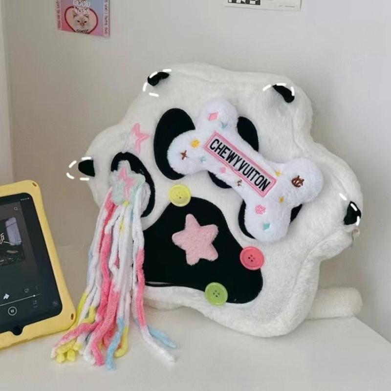 

Cute Cartoon Cat Scratch Backpack Adjustable Shoulder Strap Plush Bag Large Capacity Funny Backpacks with Bone Accessories DIY Creative Package 35x31x7cm белый