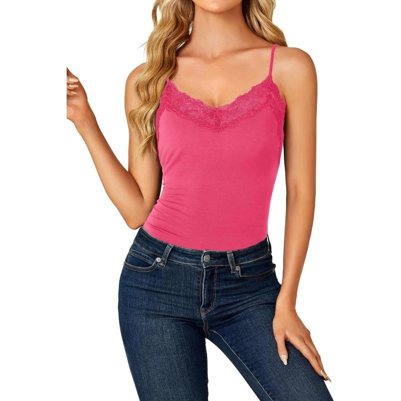 Canottiere Estive da Donna in Pizzo Scollo a V Eleganti con Spallino Sottile Blusa Vestibilità Aderente Monocolore Semplice Dolce Casual Senza Schiena Moda Camicie Eleganti