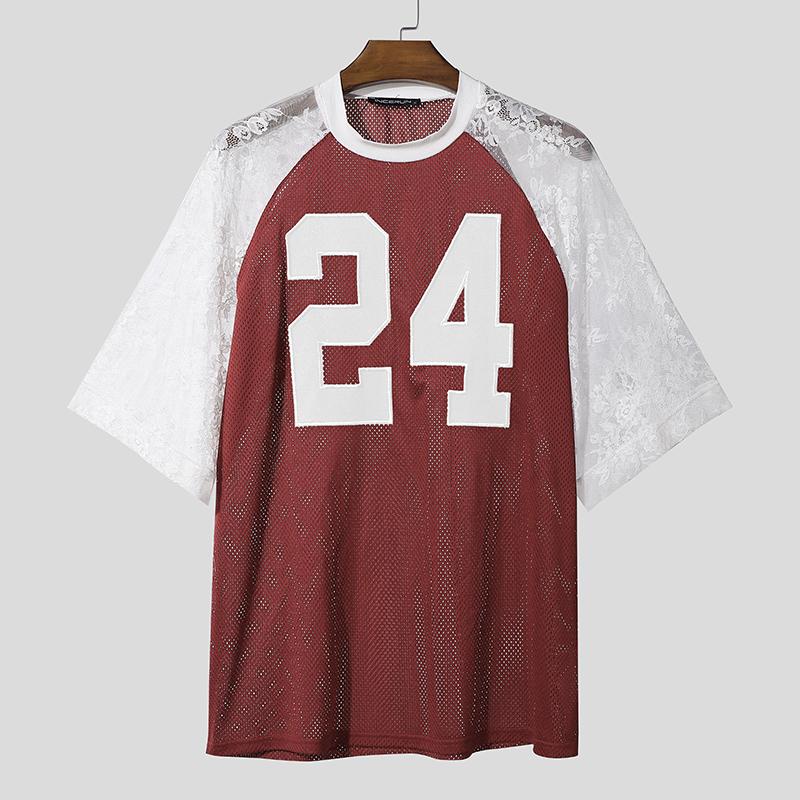 INCERUN Men Lace Patchwork Short Sleeve Letter Print Hollow Out Casual T-shirts Tops
