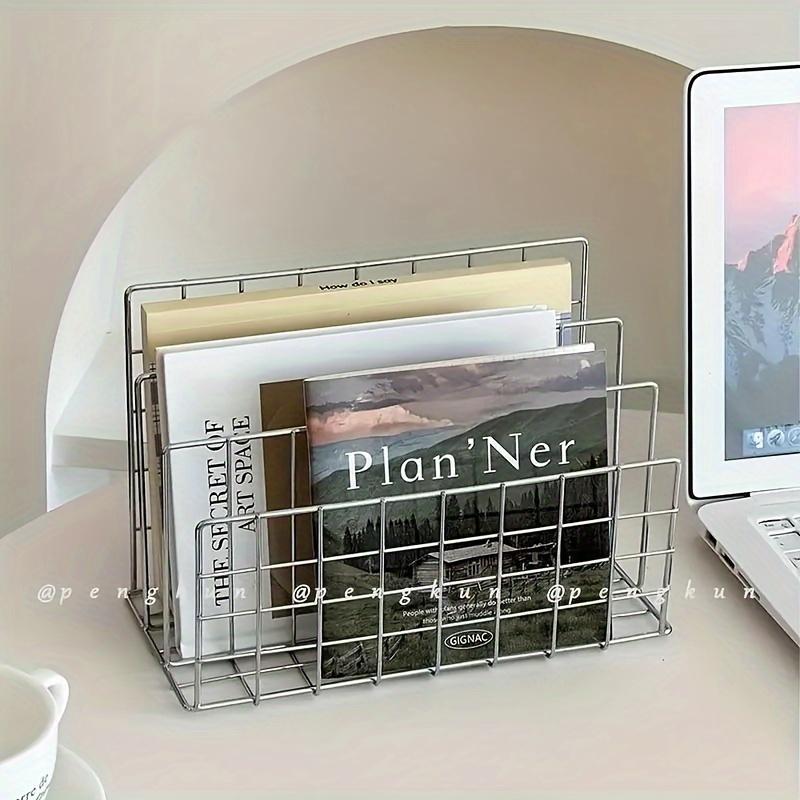 Nordic‑Style 3‑Tier Metal Silver Bookshelf with Storage Baskets, 10‑Grid Desktop Organizer for Books & Magazines