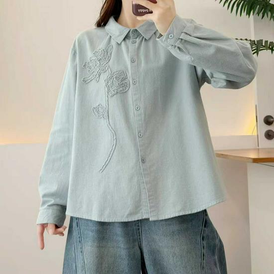 2026 Spring/Fall Women's Brushed Long-Sleeve Shirt with 3D Rose Design, Ideal for Layering.