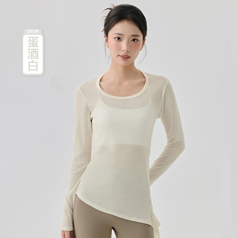 Slim-fitting long-sleeved yoga clothes top women's side split fork breathable thin Pilates thin skin-friendly micro-transparent sports blouse